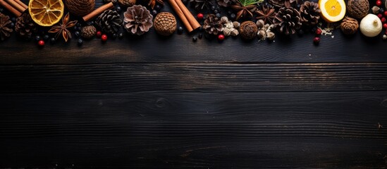 On a dark wooden table there is a festive arrangement of dried dessert spices along with a golden pine cone Christmas decoration creating an inviting copy space image - Powered by Adobe