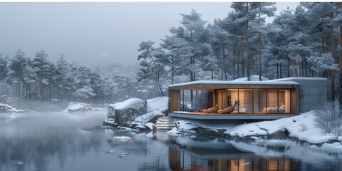 Secluded Modern Cabin Overlooking Snowy Shoreline