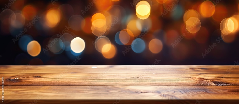 Leinwandbilder A brown wooden table with an empty surface is placed against a colorful blurred background suitable for showcasing products and creating website banners with copy space image