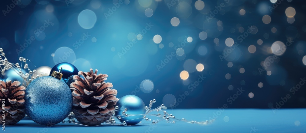 Poster A festive Christmas greeting card featuring a vibrant blue background adorned with a bauble pine cones and twinkling fairy lights allowing for ample space for text or other images