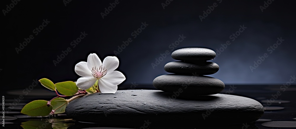 Poster a serene spa composition with a stack of spa stones on a copy space image against a black background