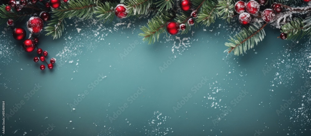Poster A festive invitation and New Year postcard with a flat lay presentation The copy space image features Christmas ornaments fir tree branches adorned with red berries and various decorative elements on