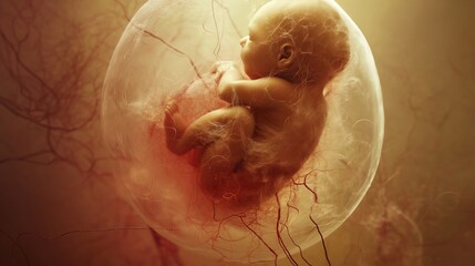 Little human baby inside mother womb. Small embryo in uterus. Cute unborn child sleep in belly. Origin beginning of life concept. Woman pregnancy. Tiny innocent infant grow. Childbirth medical science
