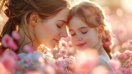 Obraz premium Mother and Daughter in Flower Field at Sunset