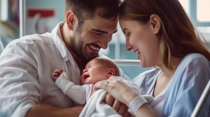 A happy couple hugs their newborn baby, the woman has just given birth to a child. Family Bliss: Parents Revel in the Arrival of Their little child with Overflowing Love