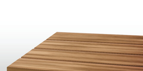 Wooden kitchen table corner, perspective view with texture. Wood tabletop angle surface for product presentation. 3d empty garden desk on foreground for dining display in rustic restaurant template