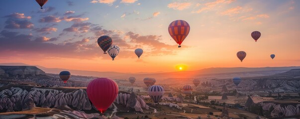 Obraz premium Stunning landscape at sunrise with multiple hot air balloons floating over unique rock formations.