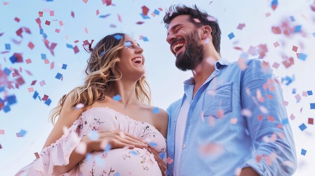Gender Reveal baby shower party. Cherished Revelation: Expectant Parents Share in the Excitement and laugh