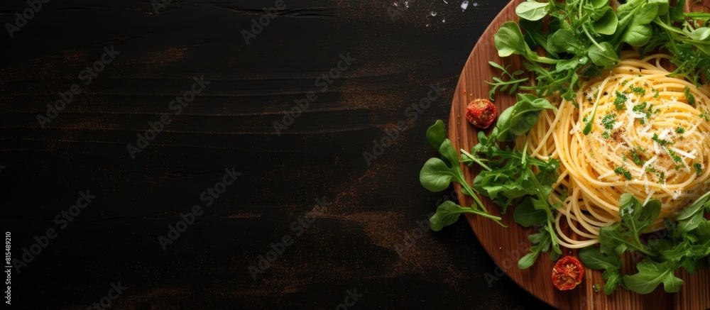 Poster A close up top view of spaghetti adorned with arugula and cheese in a copy space image