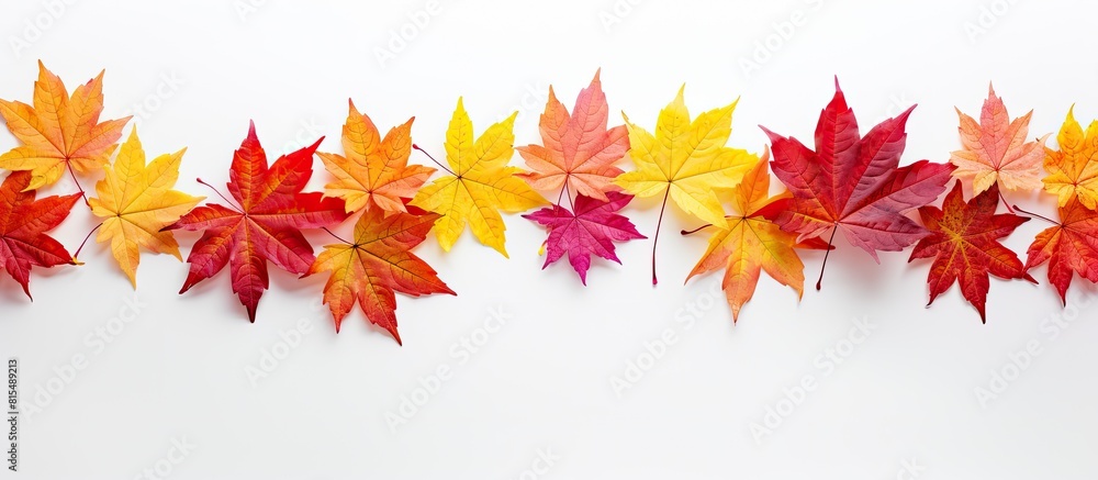 Aufkleber A vibrant arrangement of maple leaves is placed as a decorative element against the backdrop of a white surface creating a captivating copy space image