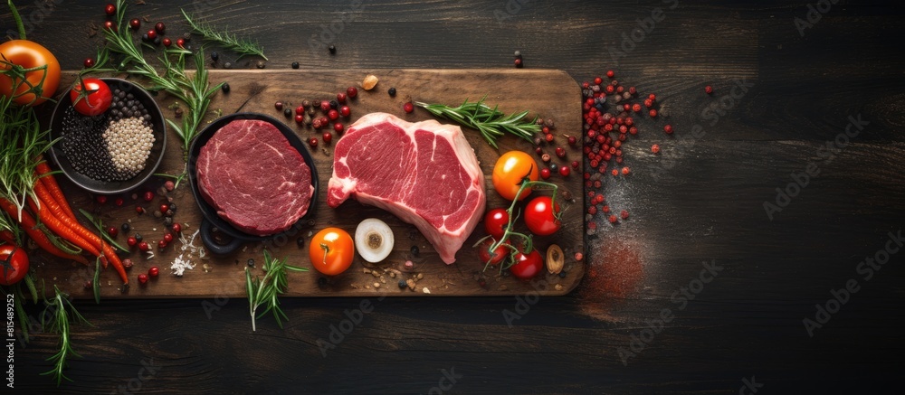 Poster the black wooden table presents a flat lay arrangement with fresh raw cut meat providing ample space