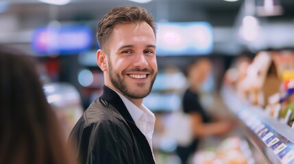 Fototapeta premium Thoughtful happy male Shopper Selecting Gourmet Items in Premium Supermarket Chain. Smiling man in a grocery store.