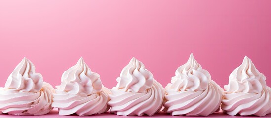 A pink background holds a copy space image of white and pink twisted meringues These French desserts are made by whipping sugar and baked egg whites It s a delightful greeting card setting