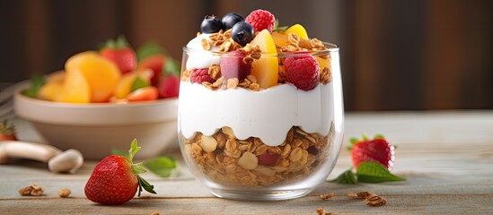 A nutritious and delicious breakfast option featuring granola yogurt fruits nuts and a dessert parfait with dried fruits for a wholesome morning meal Enrich your breakfast with this copy space image