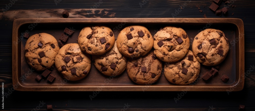 Poster A top down view of cookies with chocolate chunks and bitter cocoa on a dark background creating a framed image with empty space for text. Creative banner. Copyspace image
