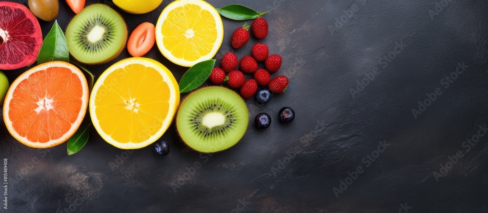 Poster Top view of various colorful slices of fruits including lemon orange kiwi apple and persimmon with handwritten labels placed on a stone surface in the copy space image