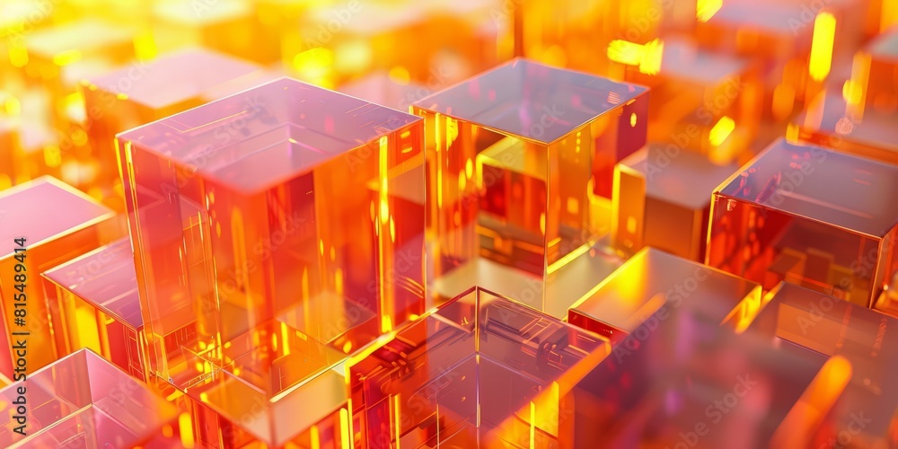 Poster orange and yellow, translucent cubes perfectly constructed to create a futuristic tech background. 3