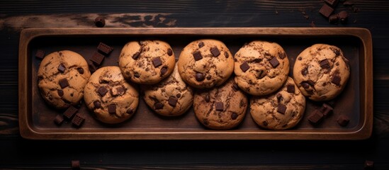 A top down view of cookies with chocolate chunks and bitter cocoa on a dark background creating a framed image with empty space for text. Creative banner. Copyspace image