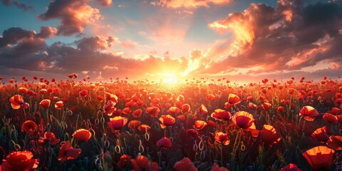 Breathtaking landscape of a poppy field at sunset with the sun dipping low on the horizon, casting a warm glow over the vibrant red flowers