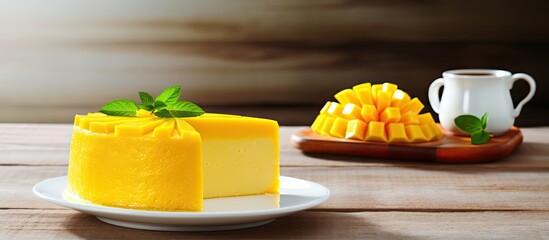 Mango cake with almonds on a white plate served alongside fresh mango slices on a wooden table Copy space image