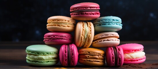 Delicious macarons or macaroons arranged on a backdrop with plenty of empty space for advertising or creative designs. Creative banner. Copyspace image