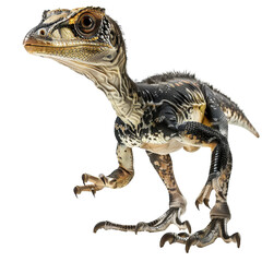 Obraz premium A small dinosaur with feathers stands on a transparent background. The dinosaur has a long tail and a beak. The dinosaur is brown and black with yellow eyes.