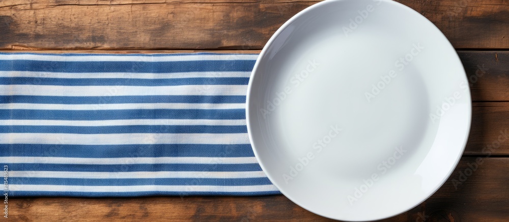 Poster copy space image of a white plate resting on a striped napkin on the backdrop of an aged wooden tabl