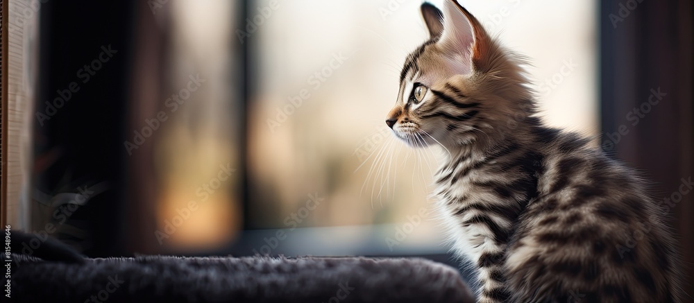 Poster at home there is a close up image of a small charcoal colored bengal kitten with longhair leaving pl