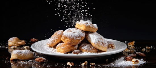 A white plate holds honey biscuits topped with a walnut kernel sprinkled with powdered sugar set against a dark background Plenty of copy space in the image