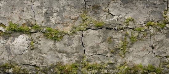 Obraz premium An ancient wall with moss and cracks creating a textured background Close up shot of the cracked and weathered cement resembling peeling wall or road material Copy space image