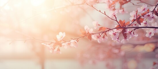 Naklejka premium Retro style abstract blurred background featuring a blooming tree with spring cherry blossom and a sun flare creating a beautiful nature scene Copy space image