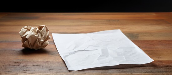 A brown paper sheet crumpled and resting on a wooden table with a pencil nearby a copy space image