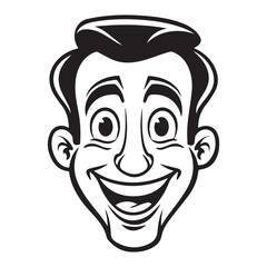 Simple and flat icon of cartoon smiling man face, black vector illustration on white background