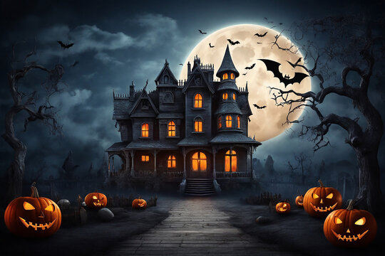 Halloween background with haunted house, pumpkins, bats and moon