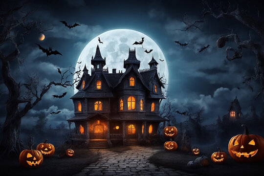 Halloween background with haunted house and pumpkins. 3d rendering