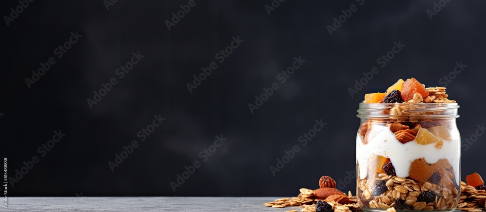Poster A healthy breakfast option of homemade granola or oat flakes presented in a mason jar on a gray background with a napkin providing ample space for text or additional images
