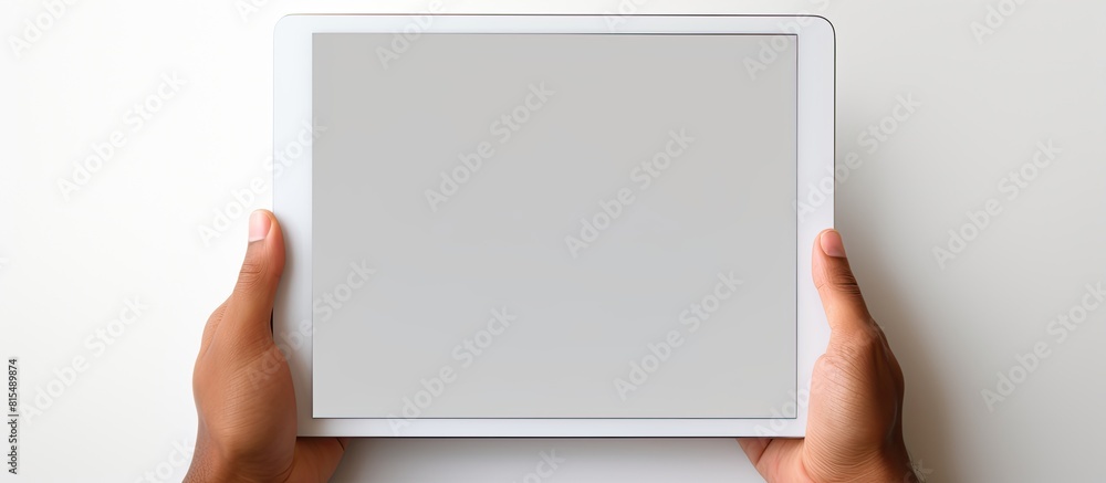 Poster A white background with a hand holding a tablet PC featuring a blank screen to insert an image. Creative banner. Copyspace image