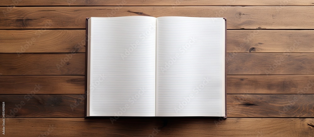 Aufkleber A copy space image of a blank page in an open notebook seen from a top down perspective resting on a wooden table