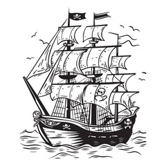Cartoon pirate ship for kids coloring book pages, black vector illustration on white background