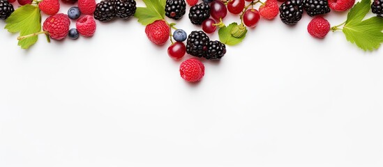A close up top view or flat lay of summer currants raspberries and gooseberries arranged in the shape of a heart on a white background The design forms a border of berries with copy space image
