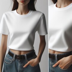 A woman wearing a white t shirt mockup image attractive attractive lively.