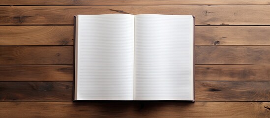A copy space image of a blank page in an open notebook seen from a top down perspective resting on a wooden table