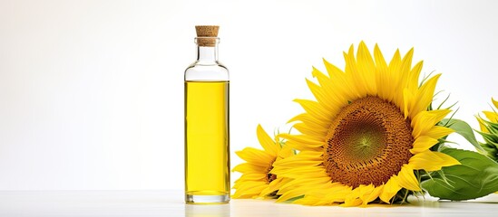 A close up of a yellow sunflower flower on a white background with a sunflower oil bottle nearby highlighting its natural origin from agriculture and farming. Creative banner. Copyspace image