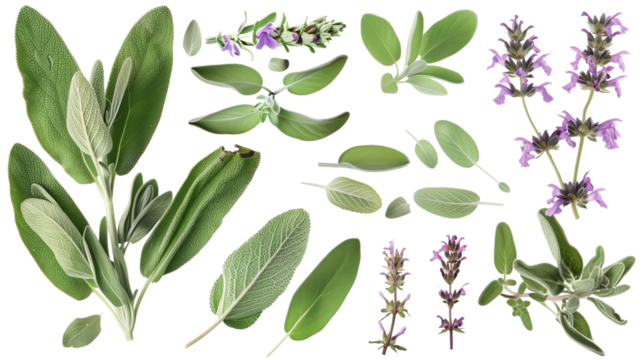 Set of sage elements, including sage flowers, velvety leaves, and woody stems, utilized for culinary, medicinal, and cleansing practices