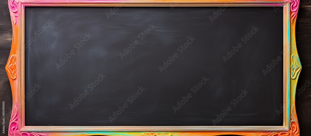 Sticker top view of a frame composed of vibrant chalk colors on a blackboard with an empty area for an image