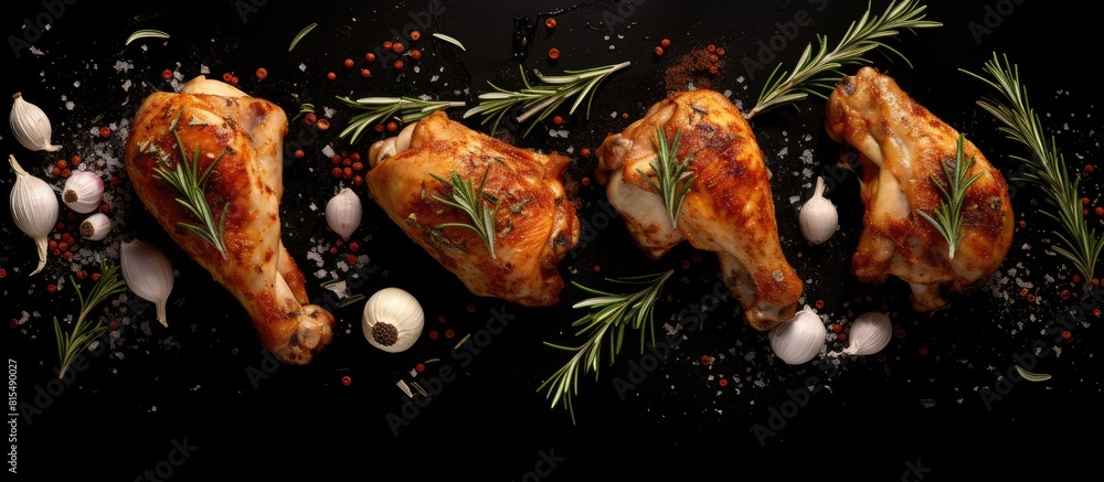 Poster a top down view of fried chicken legs garnished with rosemary garlic and chili with a blank space fo