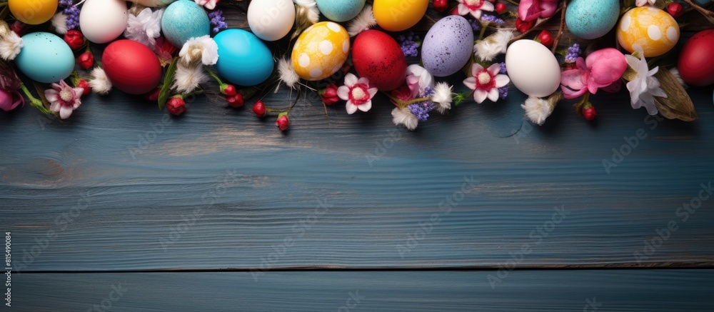 Poster a creative frame surrounds a beautiful arrangement of colorful easter eggs on a blue wooden table wi