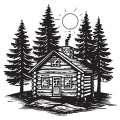 Wooden cabin in forest cartoon design, black vector illustration on white background