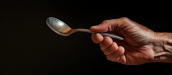 A man s hand with a spoon poised eagerly anticipating a meal against a blank background with copy space image