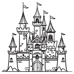Fototapeta premium Line art cartoon design of castle palace, black vector illustration on white background